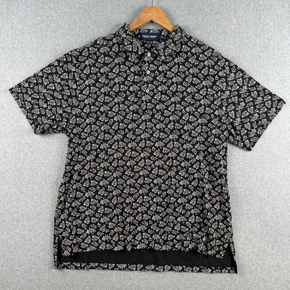 Polo Golf Polo Shirt Mens XL Black Paisley Short Sleeve 100% Cotton Tennis Tail